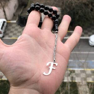 F Harfli 925 Ayar Gümüş Püskül ve Harf - Oltu Tesbih (Kral Zincir)