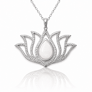 Gümüş Beyaz Opal Taşlı Lotus Kadın Kolye