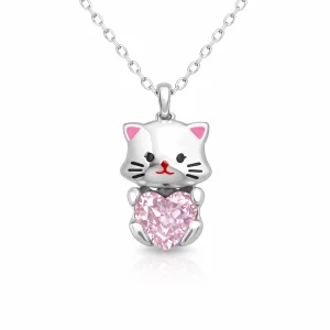 Gümüş Pembe Taşlı Sevimli Kedi Kadın Kolye