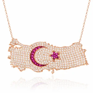 Gümüş Rose Ay Yıldız Türkiye Haritası Kadın Kolye