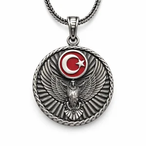 Gümüş Türk Kartalı ve Ay Yıldız Motifli Erkek Kolye