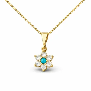 Gümüş Mavi Taşlı Gold Çiçek Kadın Kolye