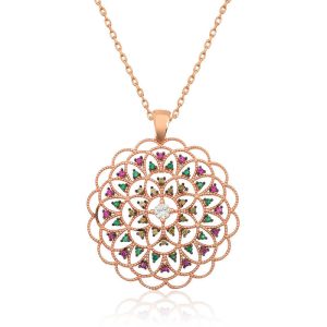 Gümüş Rose Geometrik Desenli Madalyon Kolye