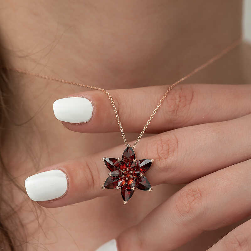 Gümüş Rose Kırmızı Lotus Çiçeği Kolye - Görsel 2