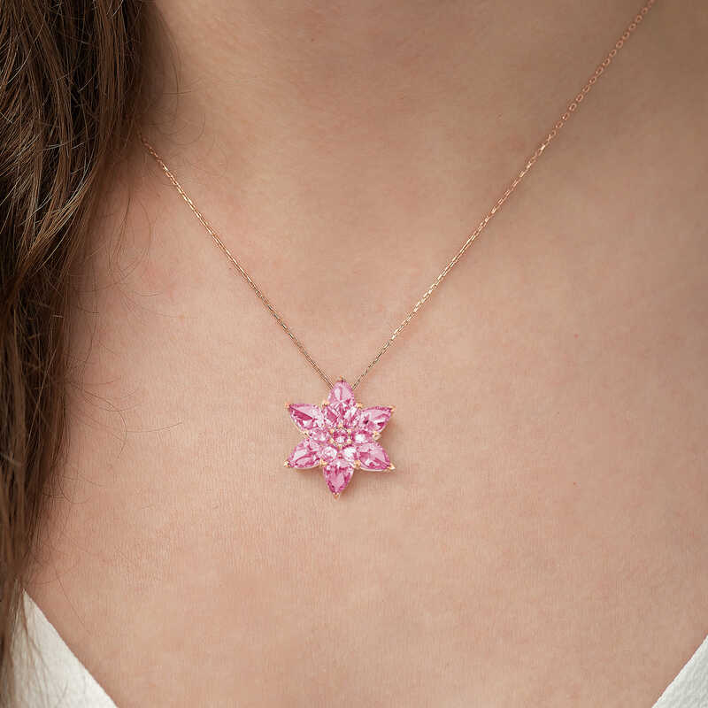 Gümüş Rose Pembe Lotus Çiçeği Kolye - Görsel 2