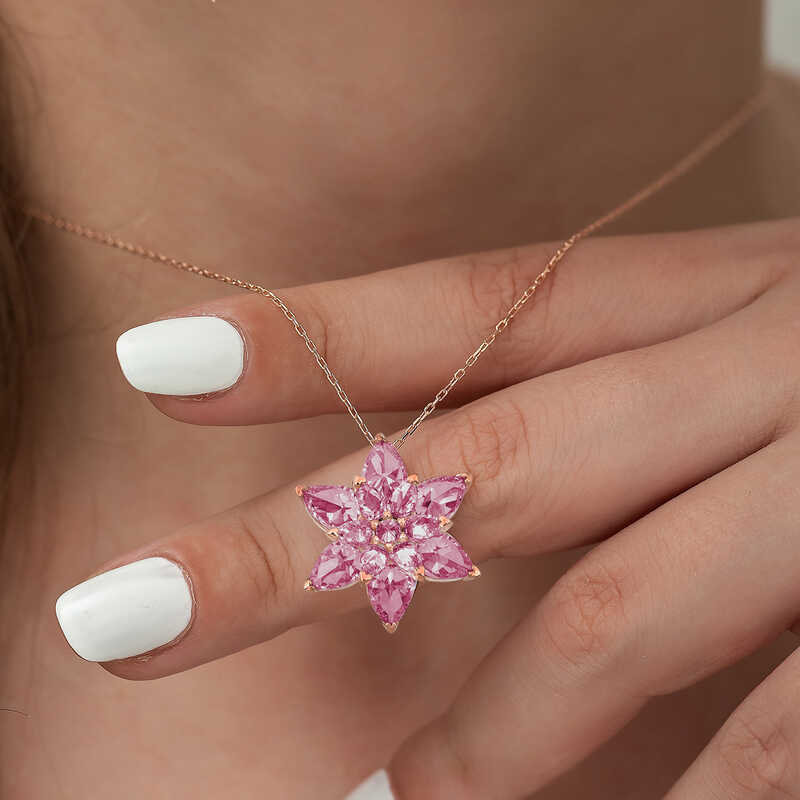 Gümüş Rose Pembe Lotus Çiçeği Kolye - Görsel 3
