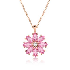 Gümüş Rose Pembe Çiçek Kolye