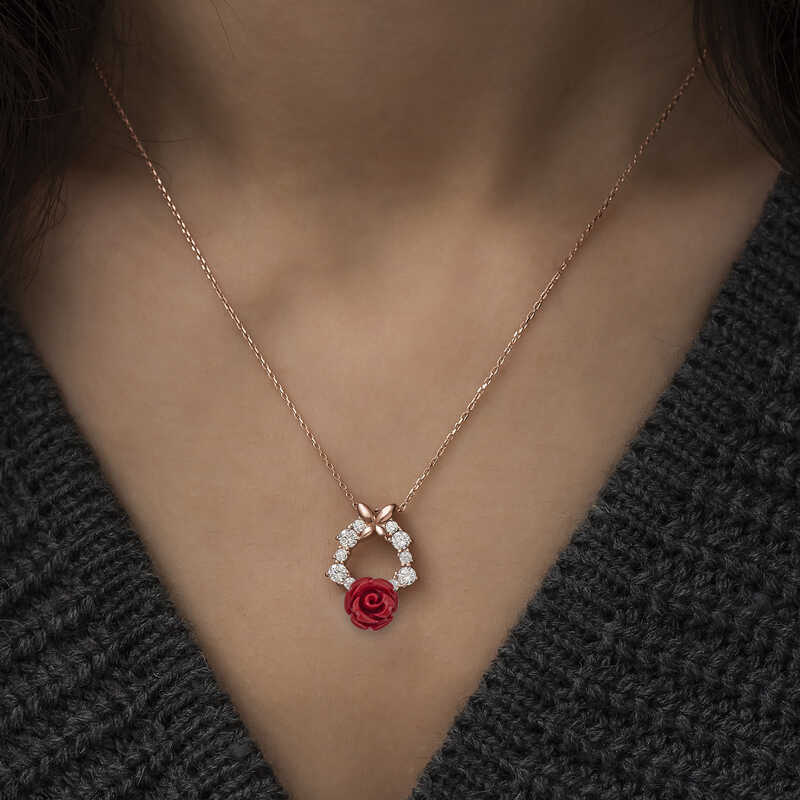 Gümüş Rose Kırmızı Gül Kolye - Görsel 2