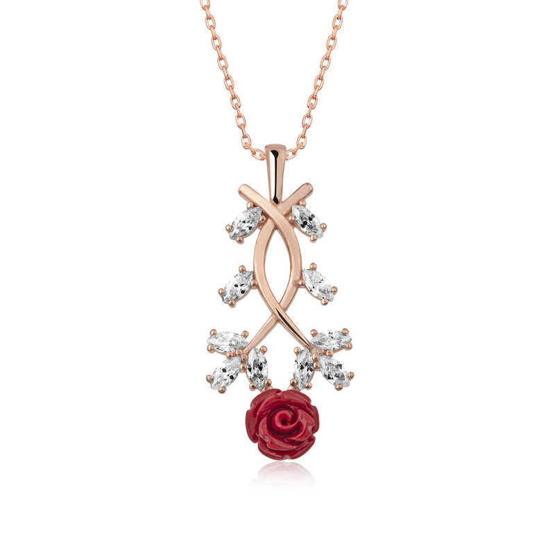 Gümüş Rose Kırmızı Gül Kolye