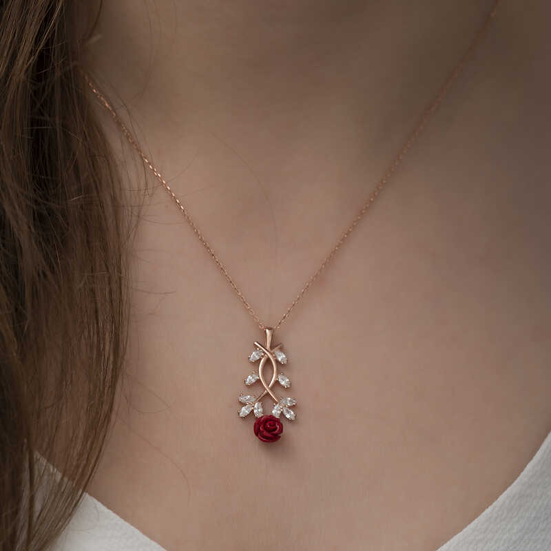 Gümüş Rose Kırmızı Gül Kolye - Görsel 2
