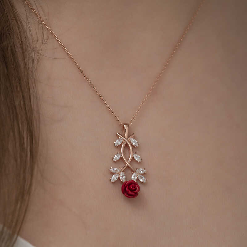 Gümüş Rose Kırmızı Gül Kolye - Görsel 3