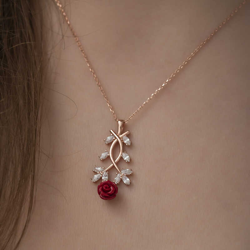 Gümüş Rose Kırmızı Gül Kolye - Görsel 4