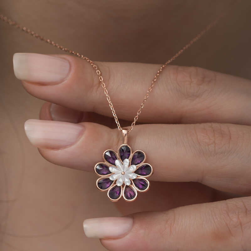 Gümüş Rose Erguvan Çiçeği Kolye - Görsel 3