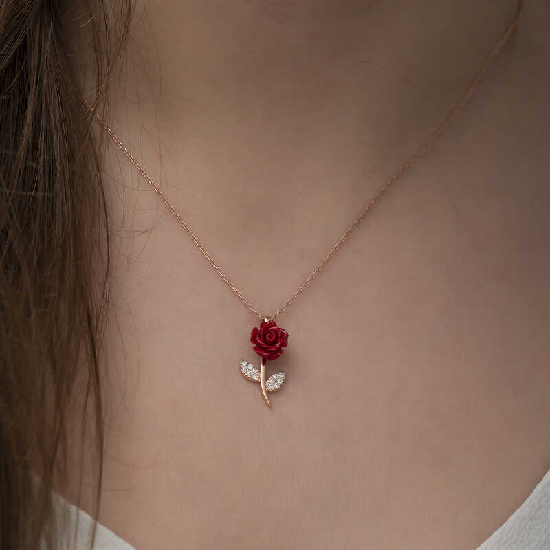 Gümüş Rose Kırmızı Gül Kolye - Görsel 2