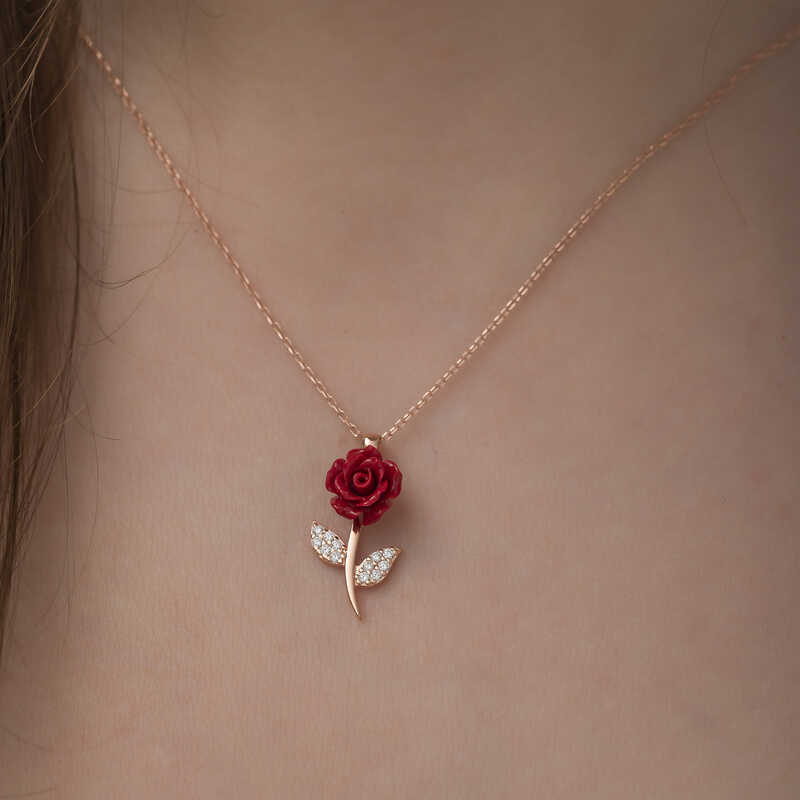 Gümüş Rose Kırmızı Gül Kolye - Görsel 4