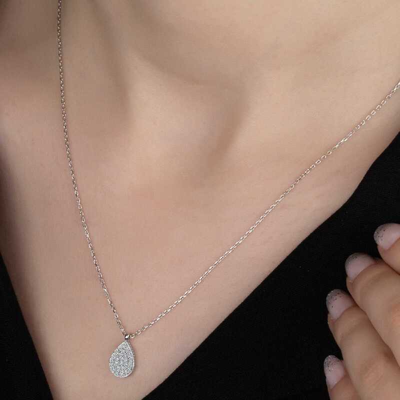 Swarovski Taşlı Gümüş Damla Bayan Kolye - Görsel 2