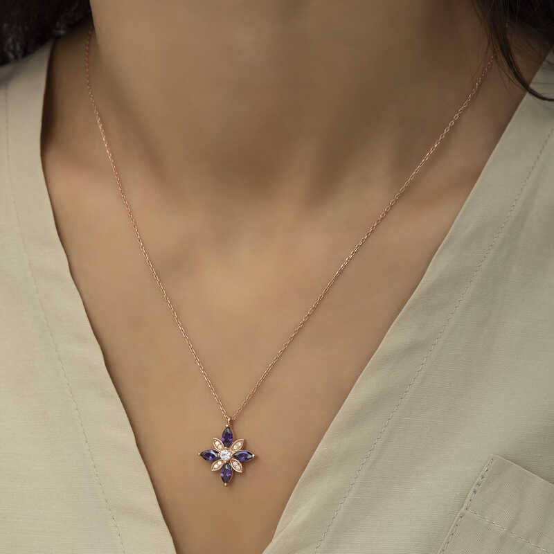 Gümüş Rose Mor Taşlı Umut Çiçeği Kolye - Görsel 4