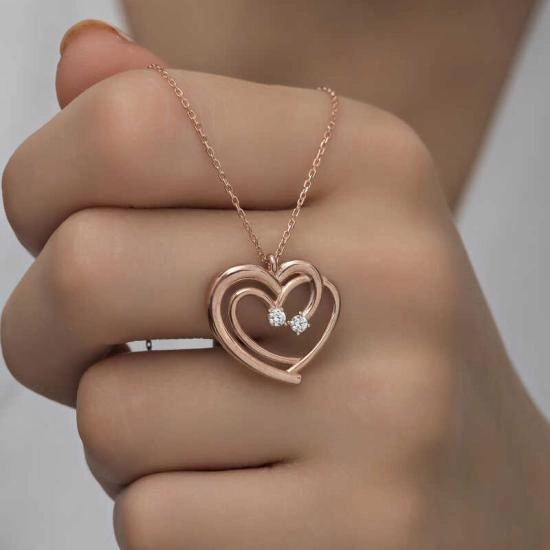Gümüş Rose Birleşmiş Kalpler Kadın Kolye - Görsel 2