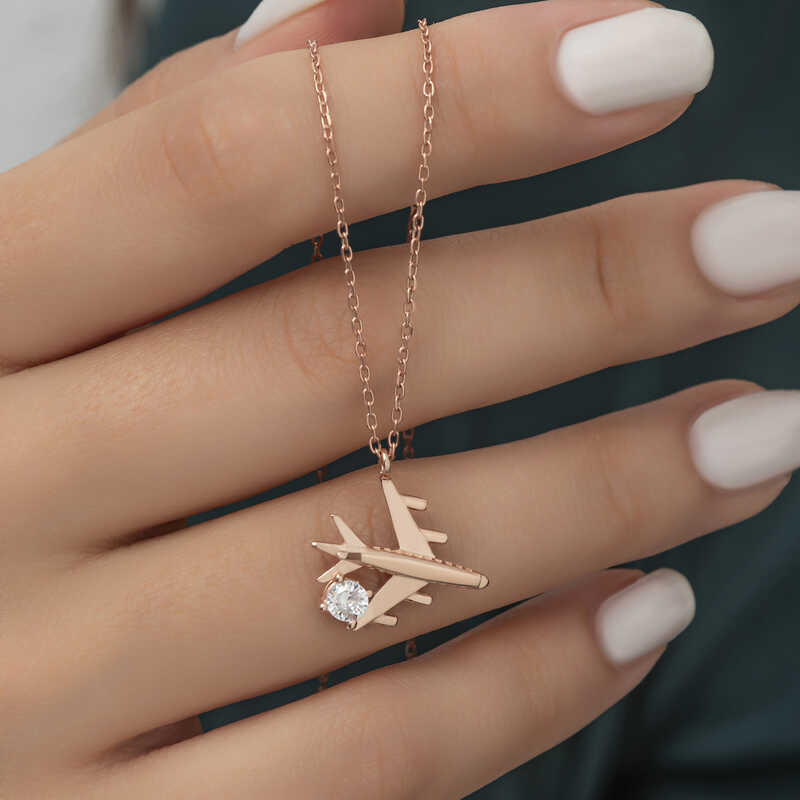 Gümüş Rose Tek Taşlı Uçak Kadın Kolye - Görsel 2