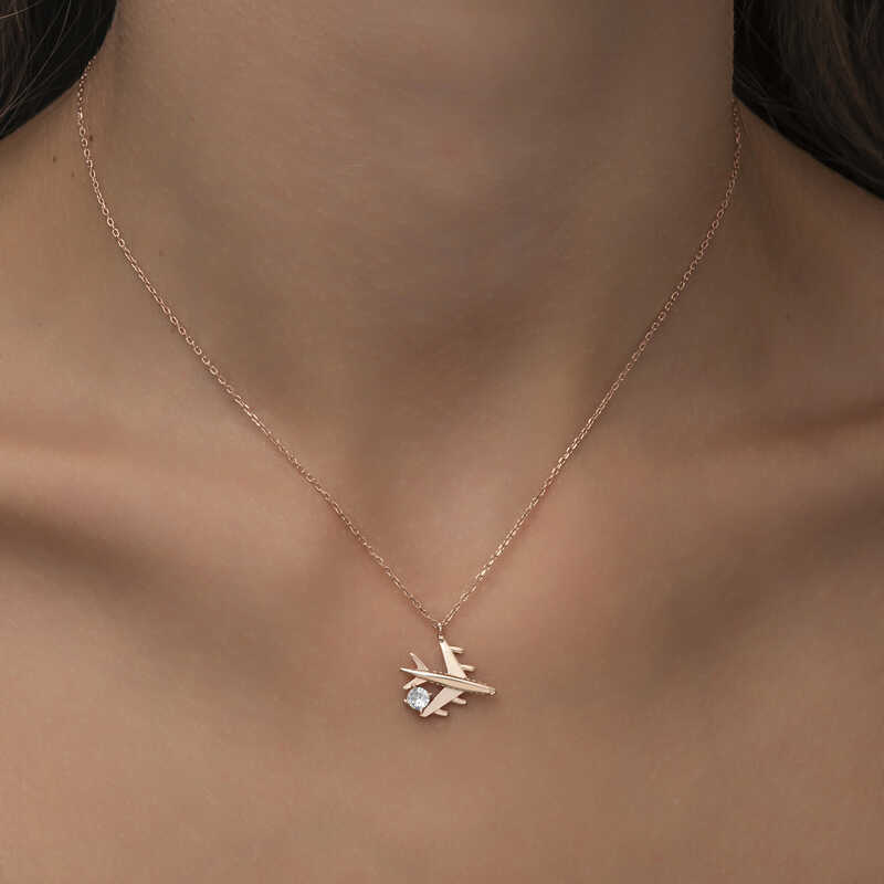 Gümüş Rose Tek Taşlı Uçak Kadın Kolye - Görsel 3