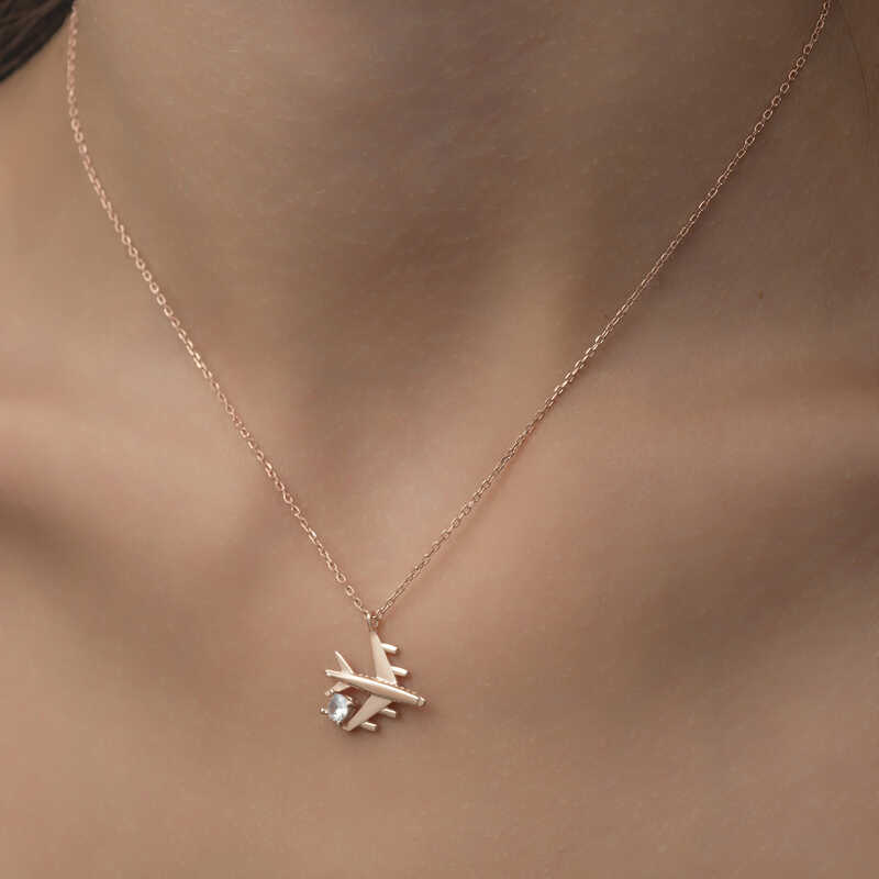 Gümüş Rose Tek Taşlı Uçak Kadın Kolye - Görsel 4