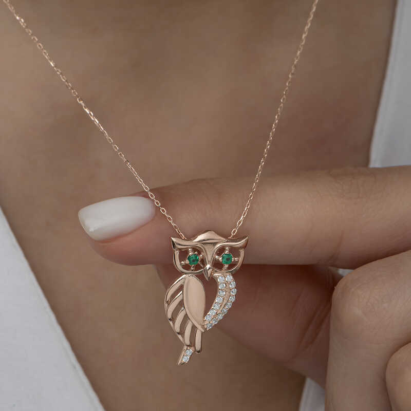 Gümüş Rose Yeşil Gözlü Baykuş Kadın Kolye - Görsel 2