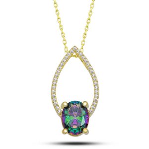 Gümüş Gold Oval Mistik Topaz Taşlı Damla Kadın Kolye
