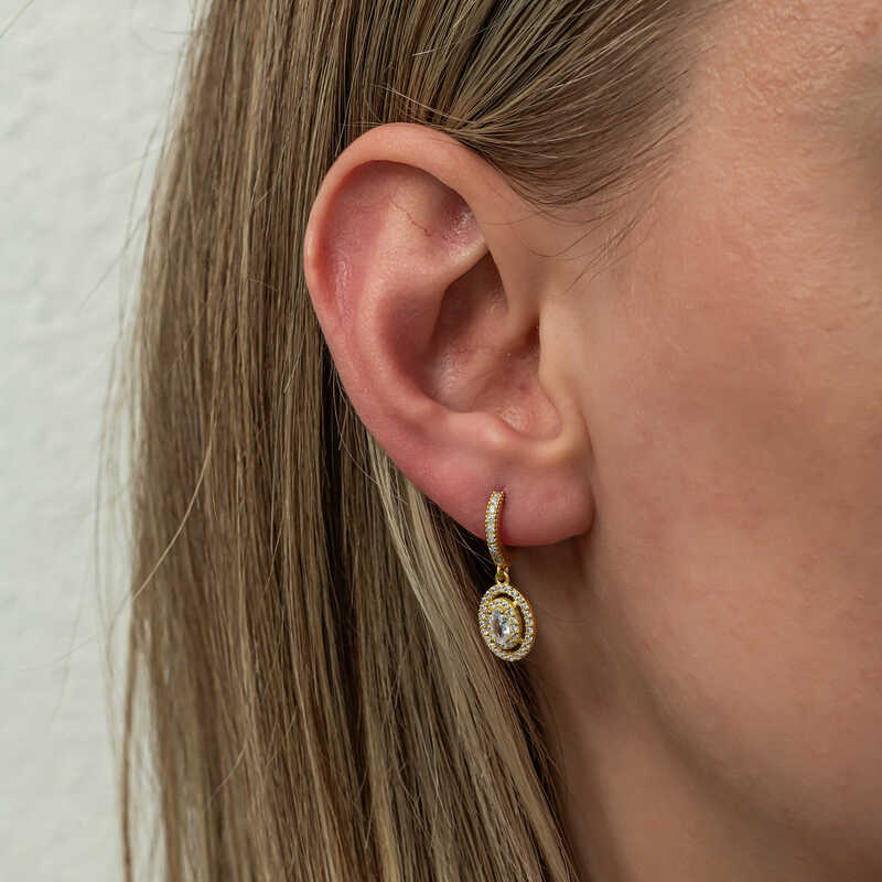 Gümüş Gold Oval Taşlı Sallantılı Küpe - Görsel 3