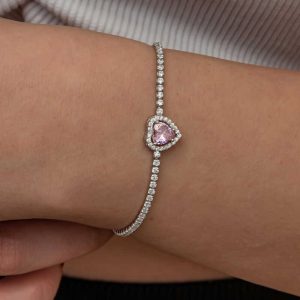 Gümüş Pembe Taşlı Kalpli Su Yolu Bileklik