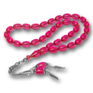 Gümüş Püsküllü Pembe Ateş Kehribar Tesbih