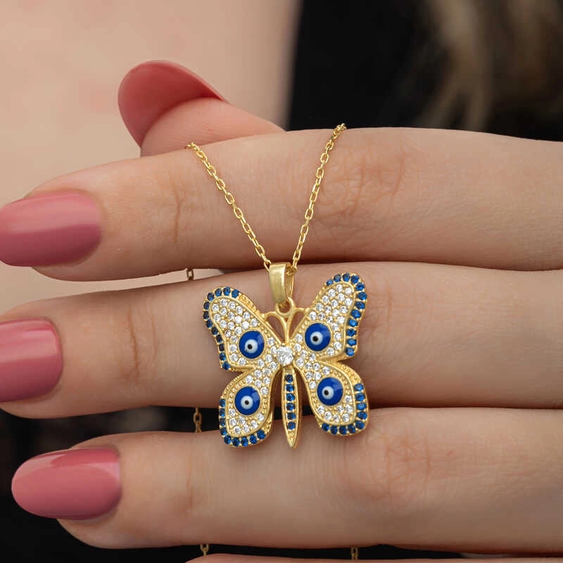 Gümüş Gold Nazarlı Kelebek Kadın Kolye - Görsel 2