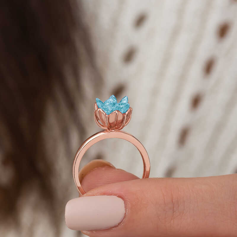 Gümüş Rose Mavi Lotus Çiçeği Yüzük - Görsel 5