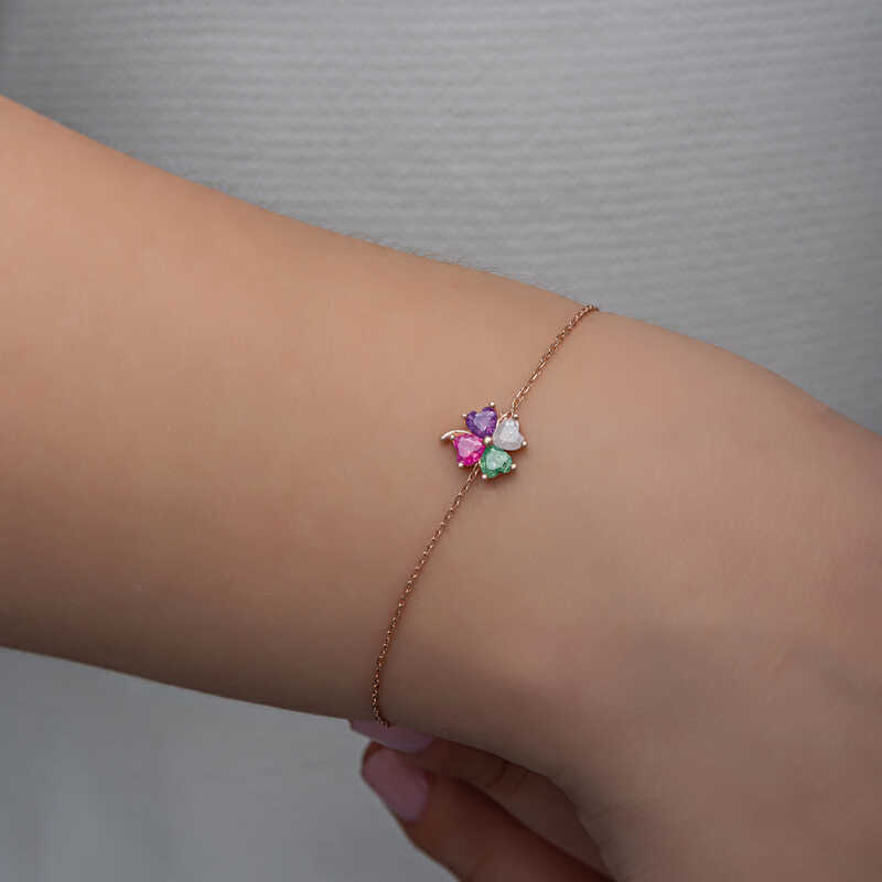 Gümüş Rose Renkli Taşlı Yonca Kadın Bileklik - Görsel 5
