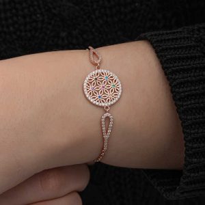 Gümüş Rose Renkli Yaşam Çiçeği Kadın Bileklik